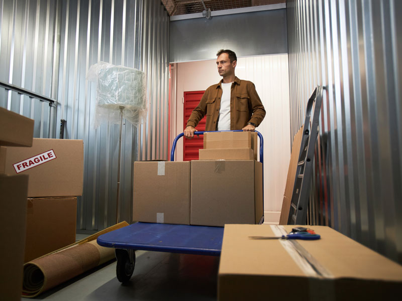 A man is arranging the storage boxes